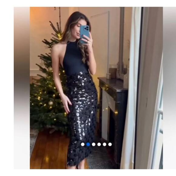 Zara Black Sequin & Faux Feather Halter Midi Dress Size Small - Picture 2 of 14